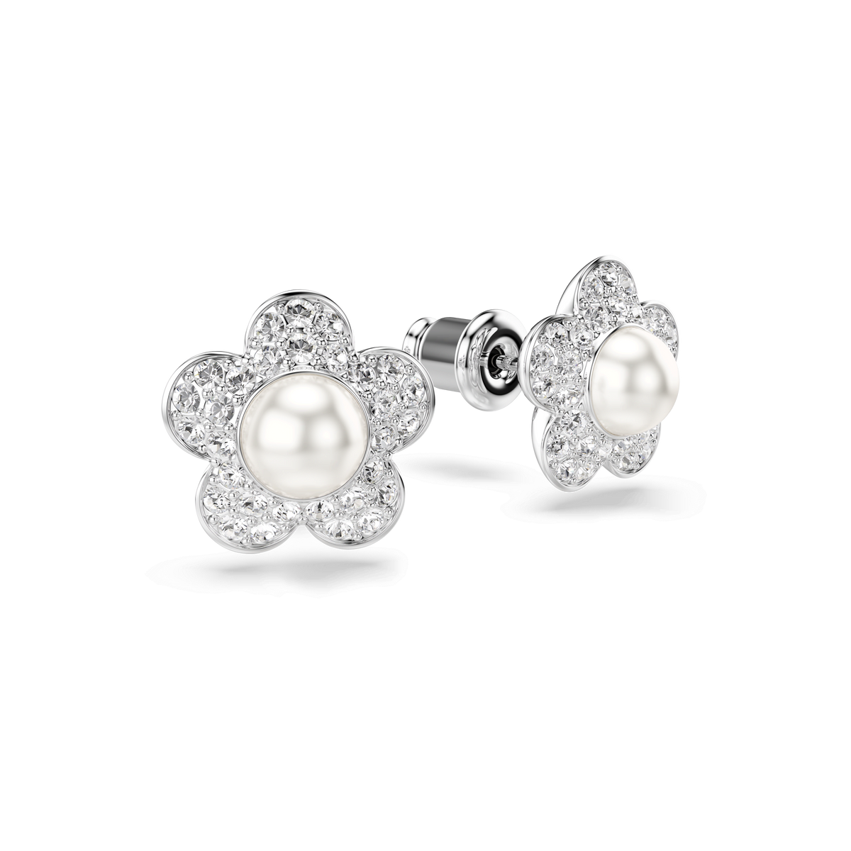 The Swarovski Ariana Grande x Swarovski stud earrings feature a white Crystal Pearl at the center, surrounded by round-cut crystal petals in a delicate flower design, all set in rhodium-plated studs and elegantly displayed on a light background.