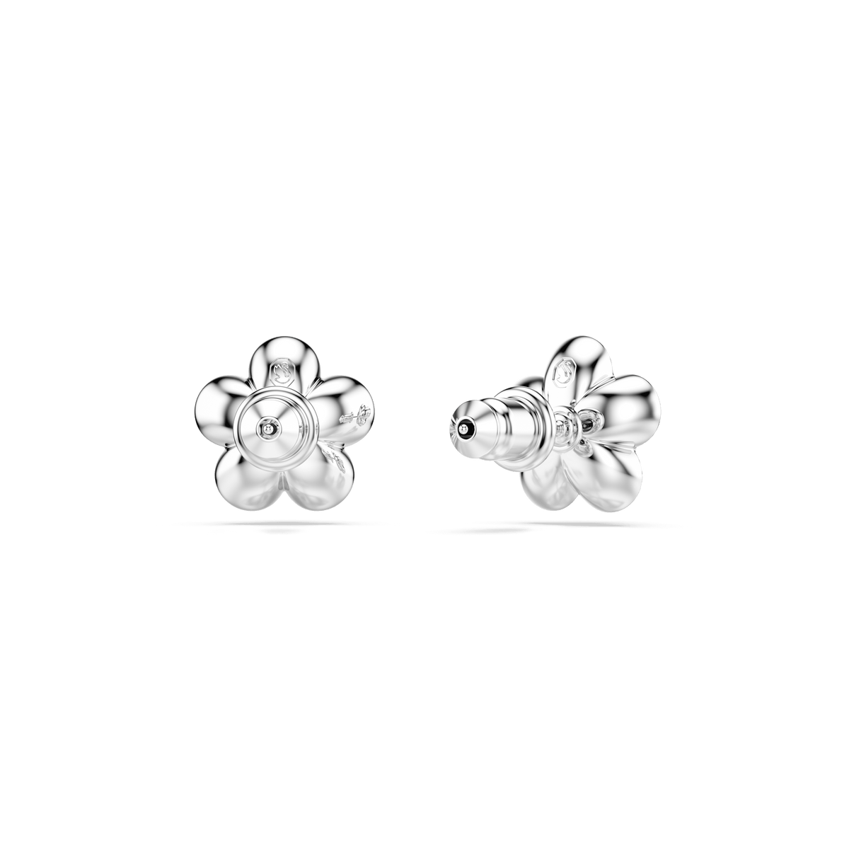 Swarovski Ariana Grande x Swarovski stud earrings, featuring flower-shaped designs with white crystal pearls, round cut accents, and rhodium plating, are shown against a plain white background.