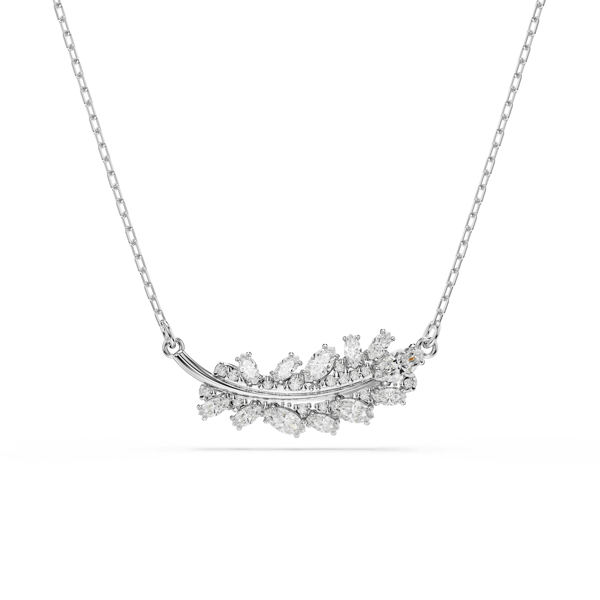 A Swarovski Vienna pendant necklace from the Vienna Collection, featuring a rhodium-plated feather design with mixed-cut white Swarovski Zirconia gemstones, set on a fine chain and displayed against a plain white background.