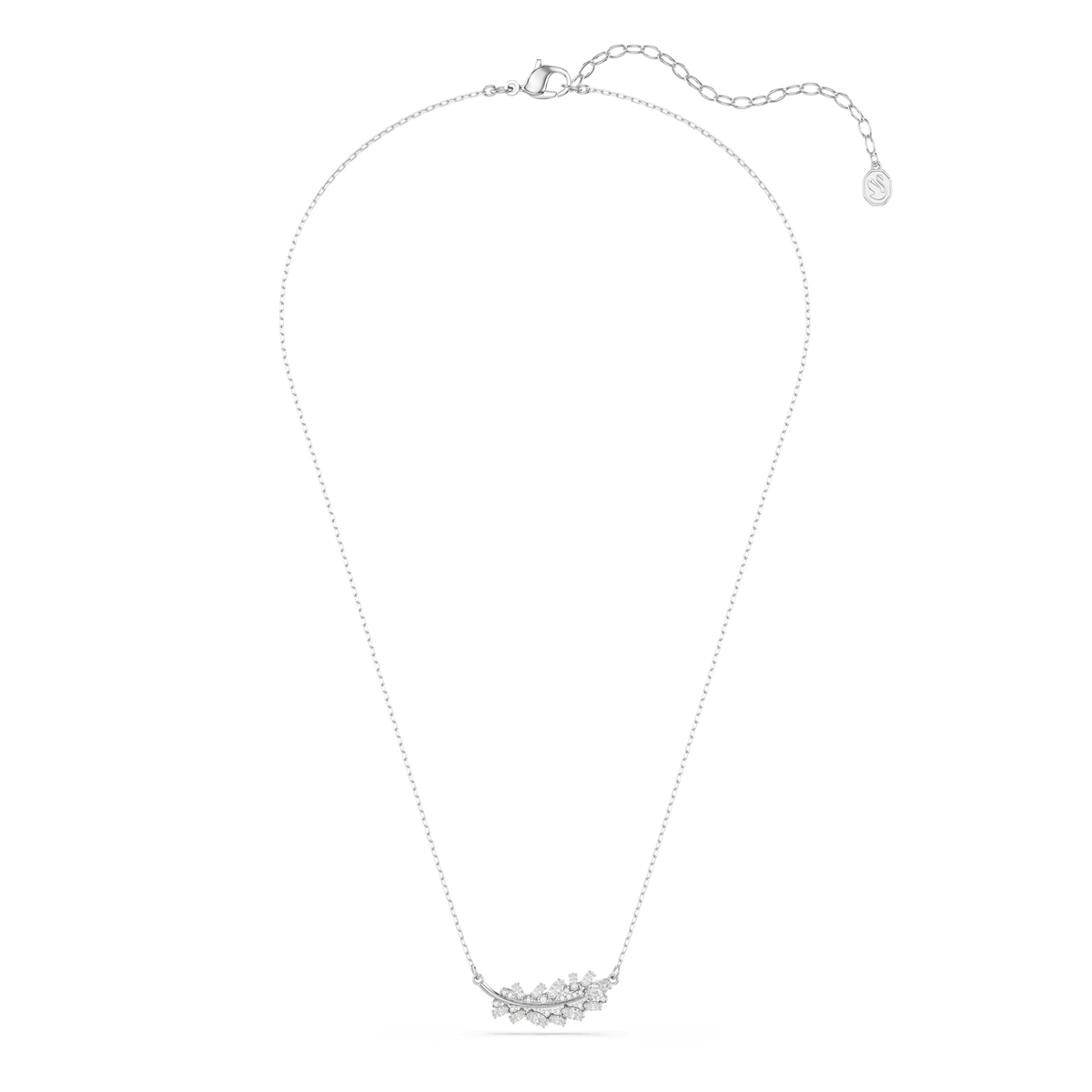 Rhodium-plated and part of the Swarovski Vienna Collection, this elegant necklace features a fine chain and a graceful feather-shaped pendant adorned with mixed-cut, sparkling white Swarovski Zirconia stones arranged in a gentle curve at the center. The adjustable clasp is finished with a delicate charm for added detail.