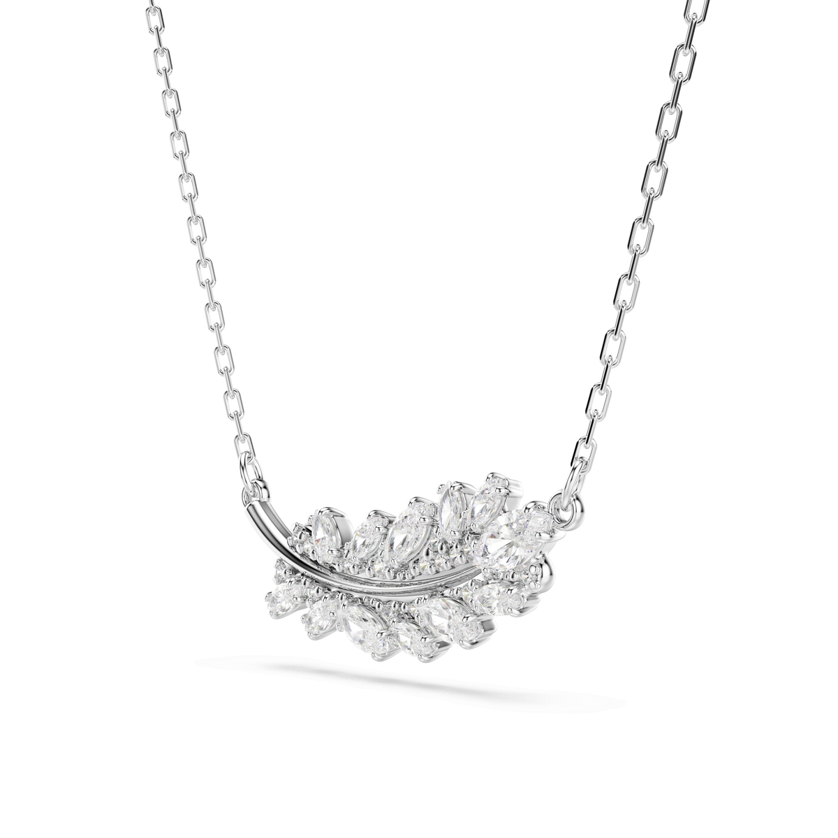 Swarovski Vienna pendant: this rhodium-plated necklace features a delicate feather design accented with mixed-cut, sparkling white Swarovski Zirconia, elegantly presented against a plain white background.