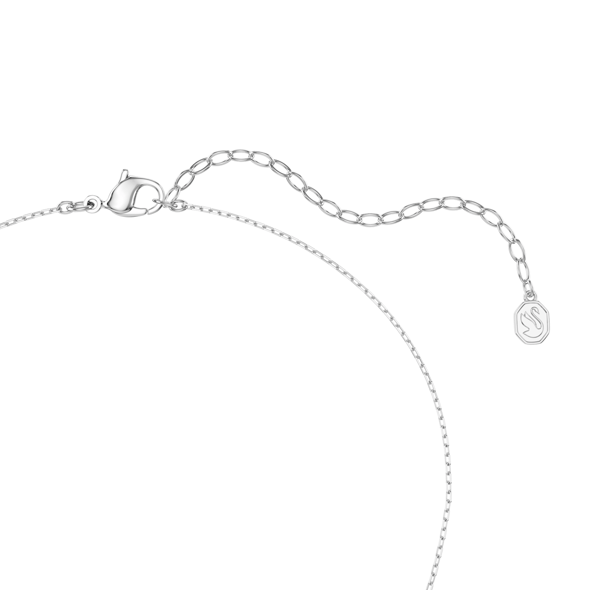 A rhodium-plated necklace from the Swarovski Vienna Collection, featuring a delicate chain with an adjustable extender and a small round charm at the end, displayed on a white background. The centerpiece is adorned with mixed-cut sparkling Swarovski Zirconia in an elegant feather design, adding brilliance and sophistication to this exquisite piece.