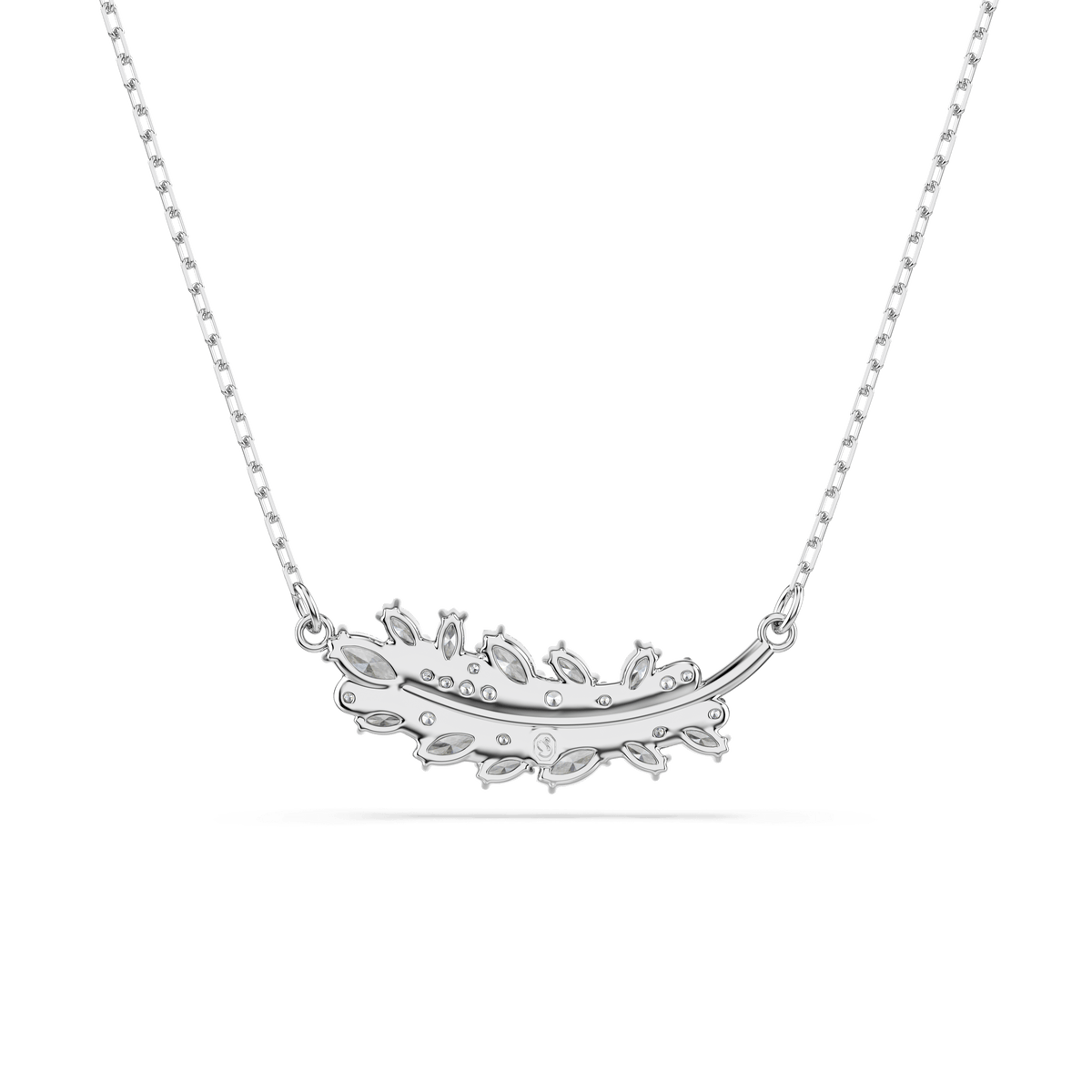 Swarovski Vienna pendant from the Swarovski brand, featuring a rhodium-plated, mixed-cut feather design adorned with sparkling white stones, displayed on a simple chain against a white background.