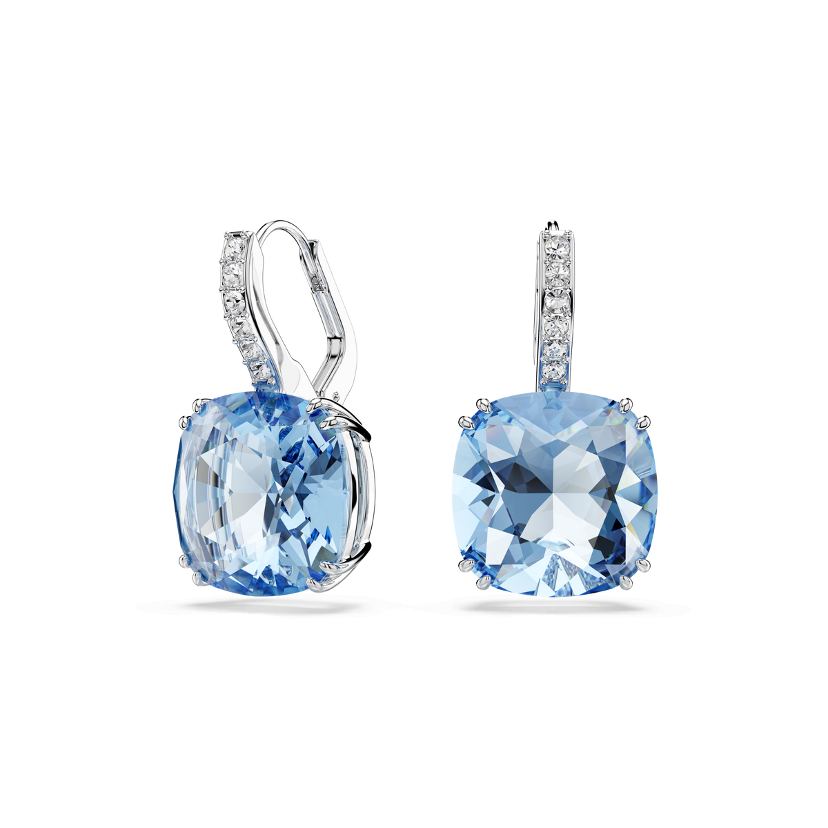 Swarovski Millenia drop earrings in rhodium plating, featuring large cushion-cut blue crystals and delicate pavé detailing on the hooks, photographed against a plain white background.