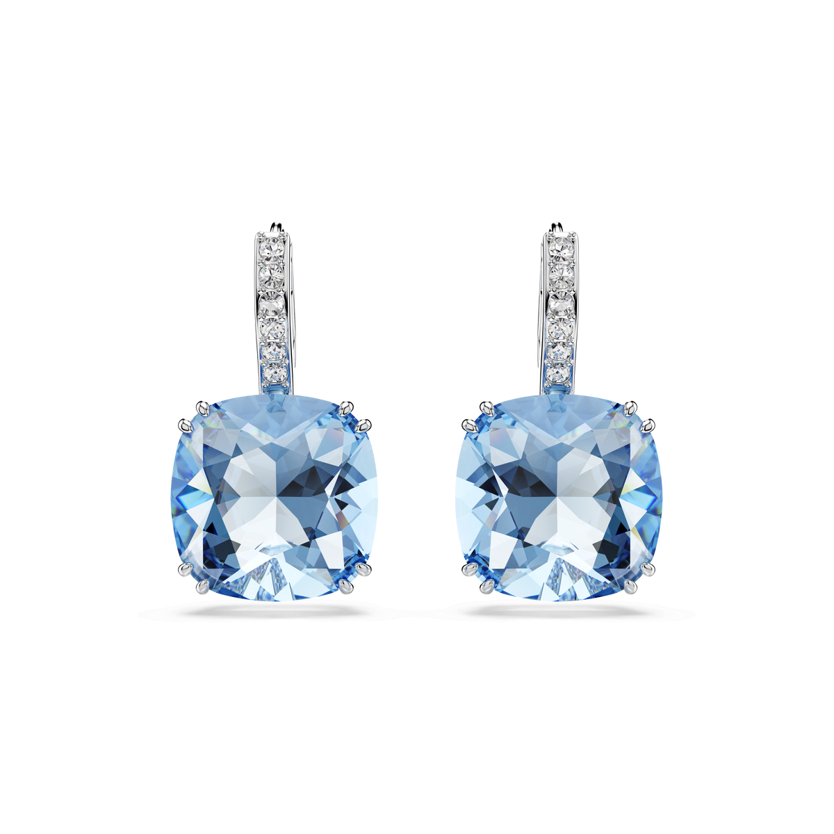 A pair of Swarovski Millenia drop earrings, featuring cushion-cut blue crystals and delicate pavé detailing with small clear stones on the rhodium-plated hooks, displayed against a plain white background.