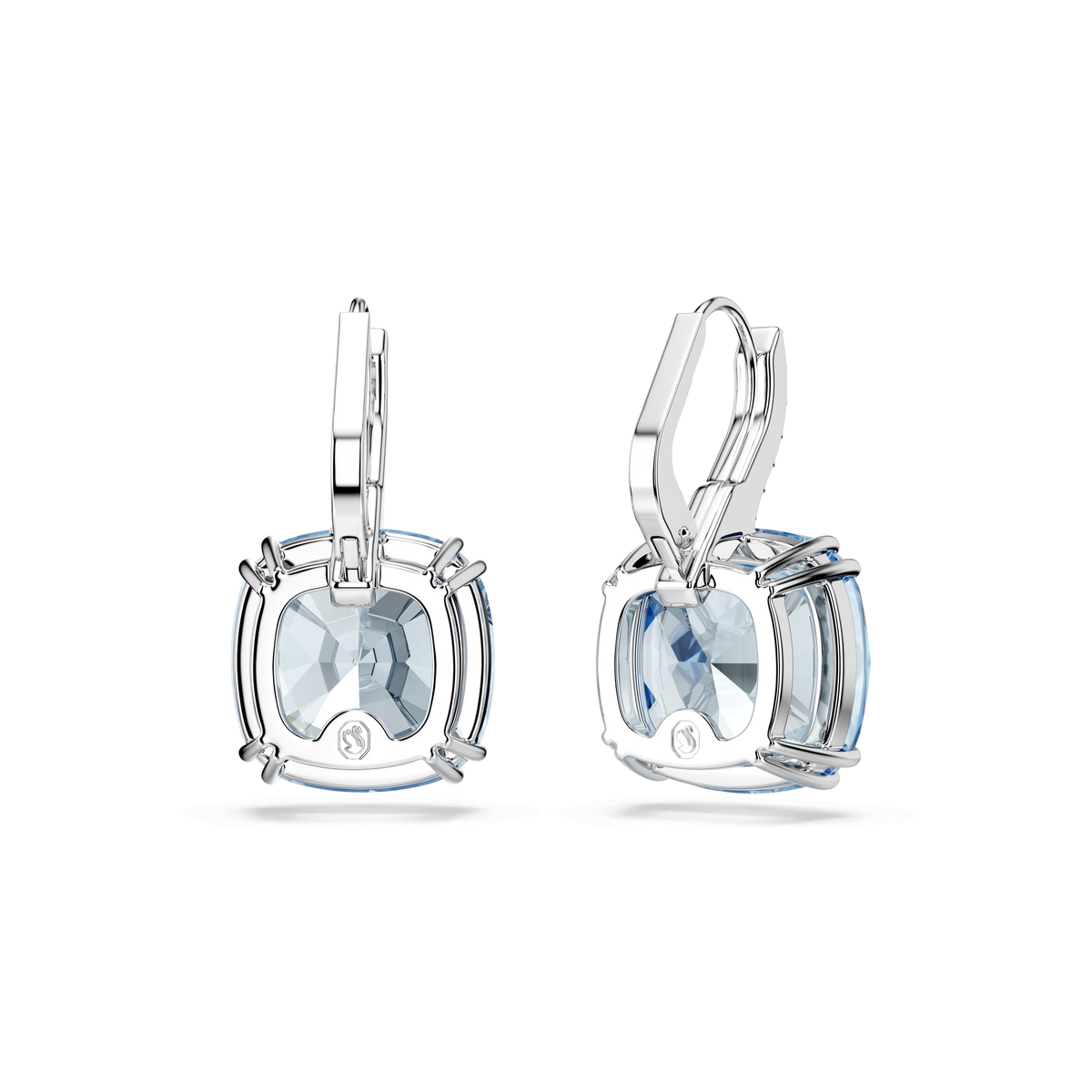 Swarovski Millenia drop earrings featuring cushion-cut blue gemstones and delicate pavé detailing, rhodium plated, displayed on a white background.