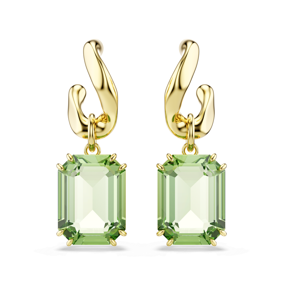 Swarovski Millenia drop earrings by Swarovski feature abstract, wavy 18K gold-finish hooks, each elegantly adorned with a large green octagon-cut Swarovski ReCreated crystal in a prong setting—these striking earrings are showcased on a simple, light background.