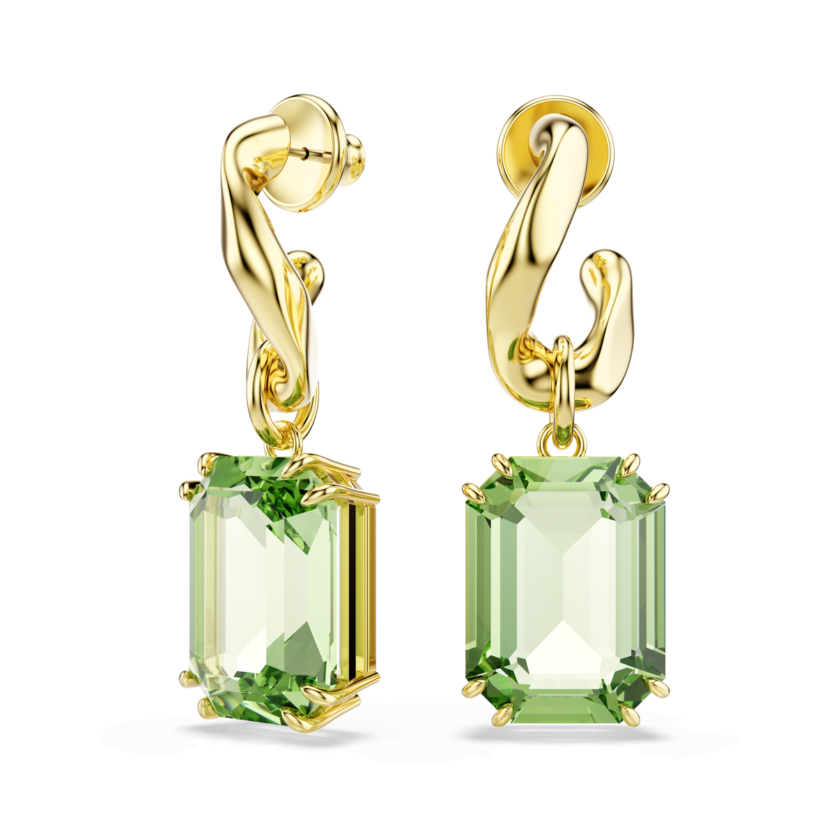Swarovski Millenia drop earrings featuring large, octagon-cut green Swarovski ReCreated crystals set in prongs with twisted, sculptural posts and an 18K gold finish, displayed against a plain, light background.
