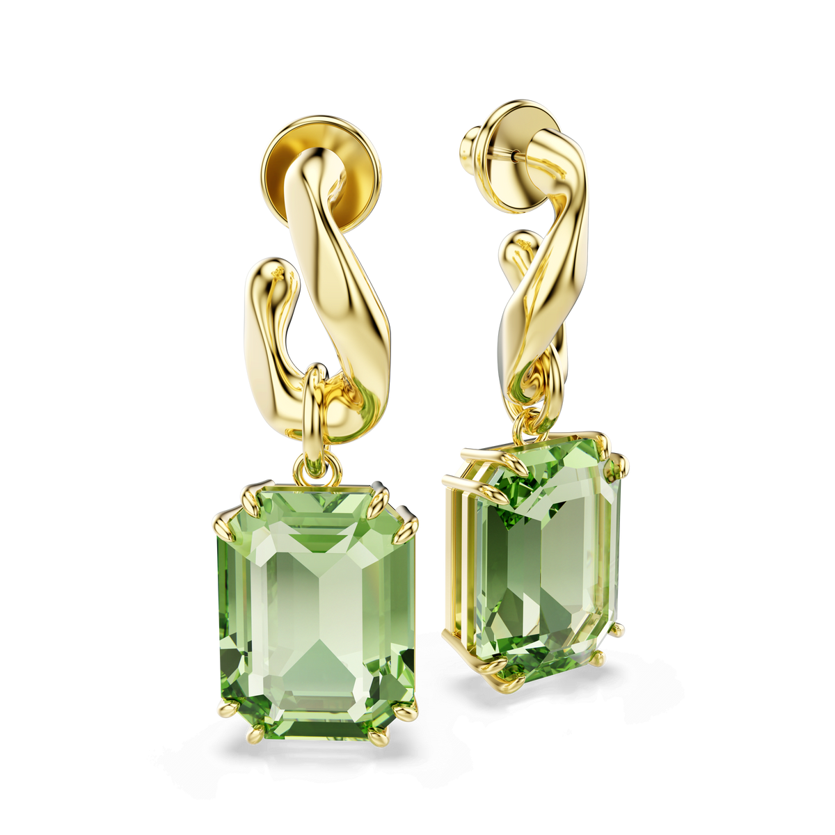 Swarovski Millenia drop earrings feature large, octagon-cut green Swarovski ReCreated crystals set on elegantly twisted, sculptural hooks finished in 18K gold. Displayed against a plain white background, these striking earrings from Swarovski showcase a modern and sophisticated design.
