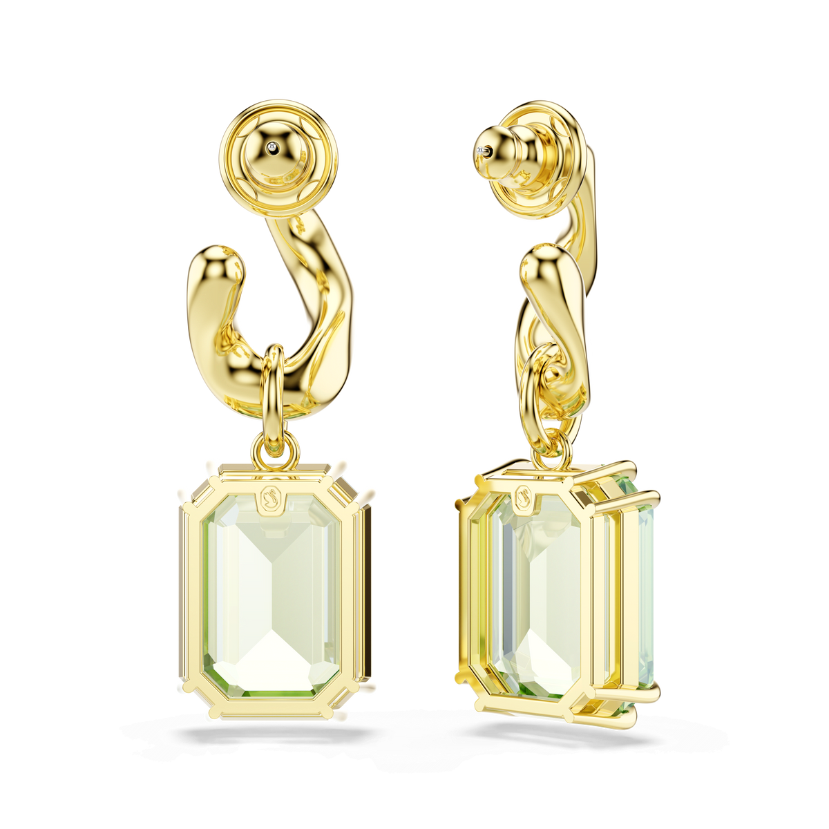 Swarovski Millenia drop earrings featuring octagon-cut green Swarovski crystals in prong settings with an 18K gold finish, displayed on a white background.