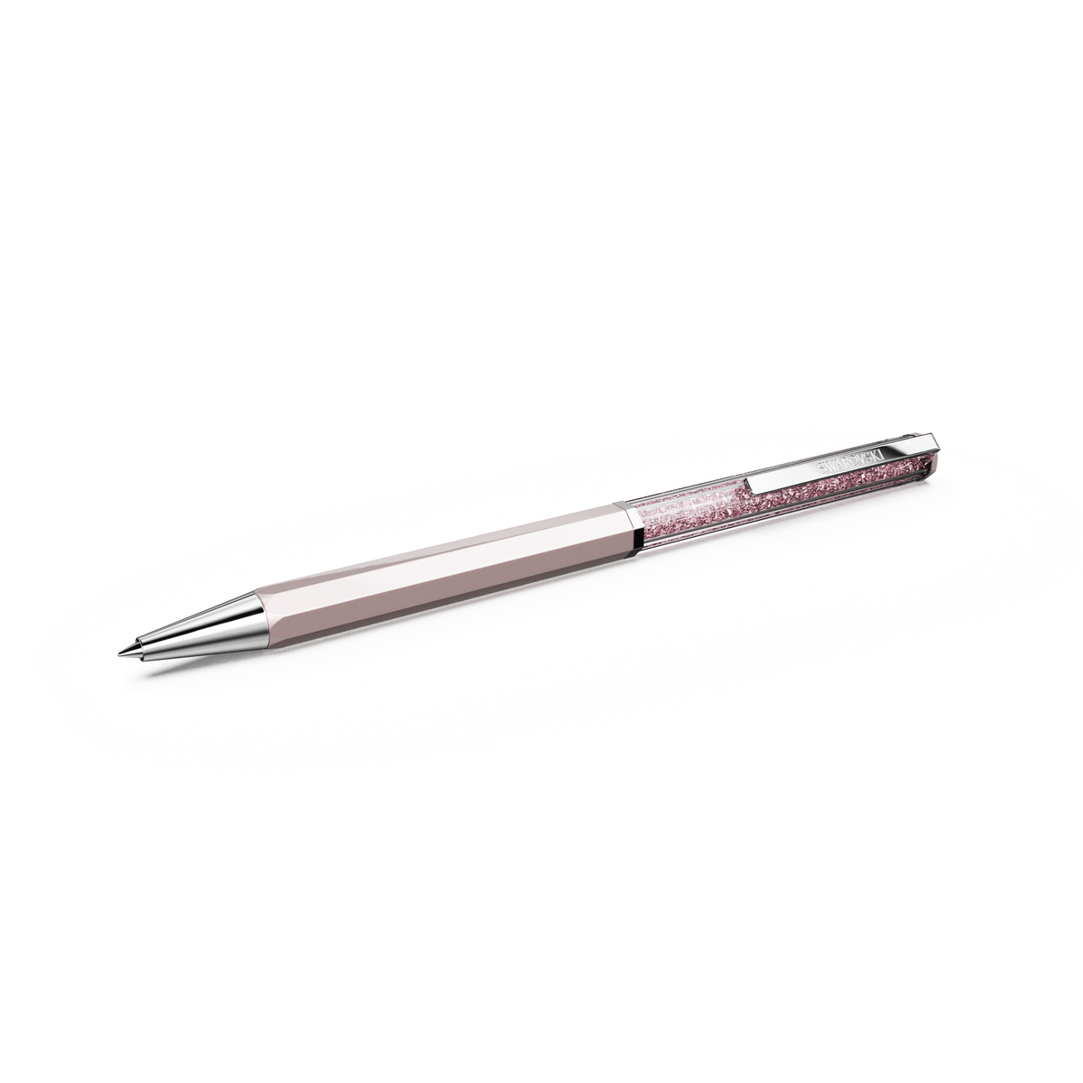 The Swarovski Crystalline ballpoint pen, featuring pink lacquer and a chrome-plated finish with a crystal-studded barrel, is displayed against a white background.