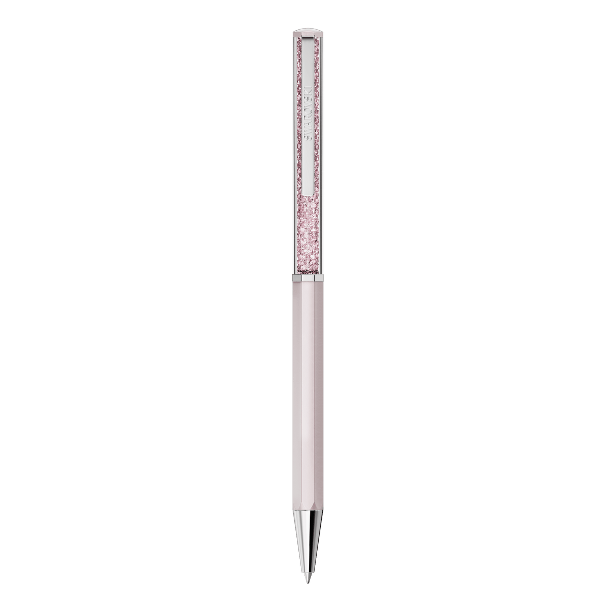 The Swarovski Crystalline ballpoint pen, Pink lacquered and chrome plated, features a slim and elegant design with a pale pink barrel and an upper section filled with small pink crystals using the signature Crystalline technique, set against a white background.