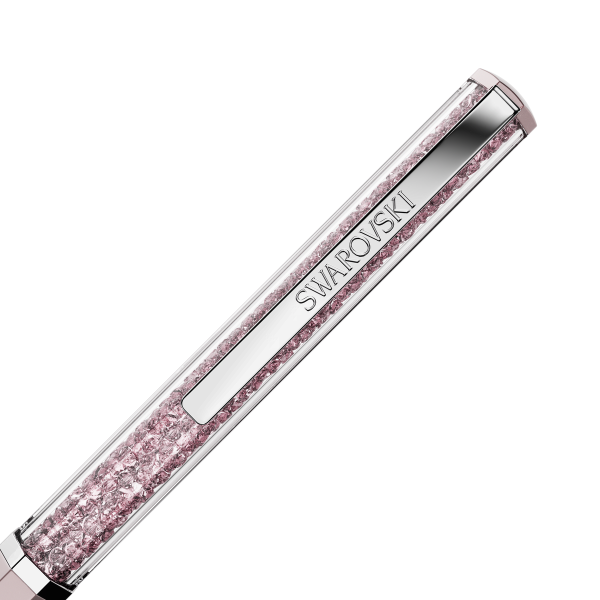 A close-up of the Swarovski Crystalline ballpoint pen in pink lacquered finish highlights its signature Crystalline technique, with a transparent barrel filled with pink crystals and a chrome-plated clip engraved with the Swarovski logo.