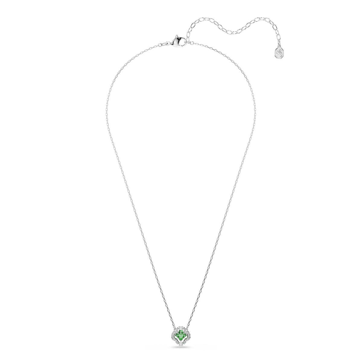 A refined rhodium-plated necklace by Swarovski, the Una Angelic pendant features mixed-cut green Swarovski Zirconia at the center, suspended from a delicate chain with an adjustable clasp and extender.