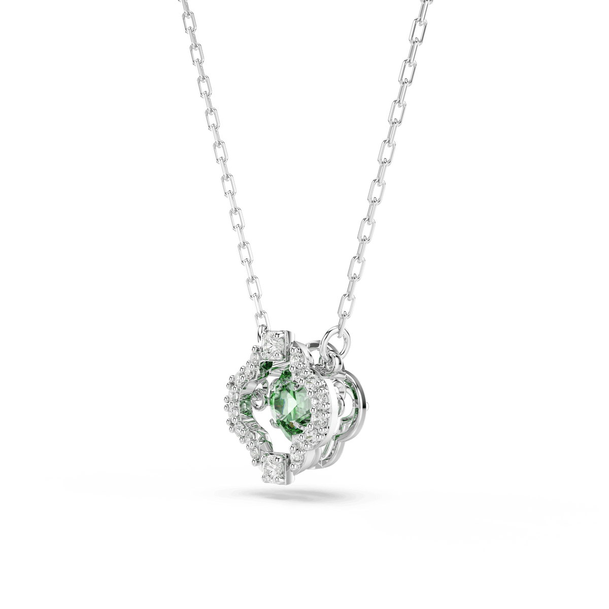 The Swarovski Una Angelic pendant features a thin silver-tone chain and a round green Swarovski Zirconia centerpiece, accented with mixed-cut clear pavé stones in a partial halo design, showcased against a white background.