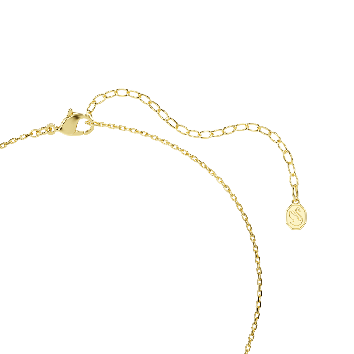 An elegant Swarovski Chroma pendant necklace features a pear-cut blue crystal set on an 18K gold-finished chain with a lobster clasp and adjustable extender, finished with a small engraved gold tag. This sophisticated piece pairs beautifully with matching Swarovski earrings for a coordinated look. The background is plain white.