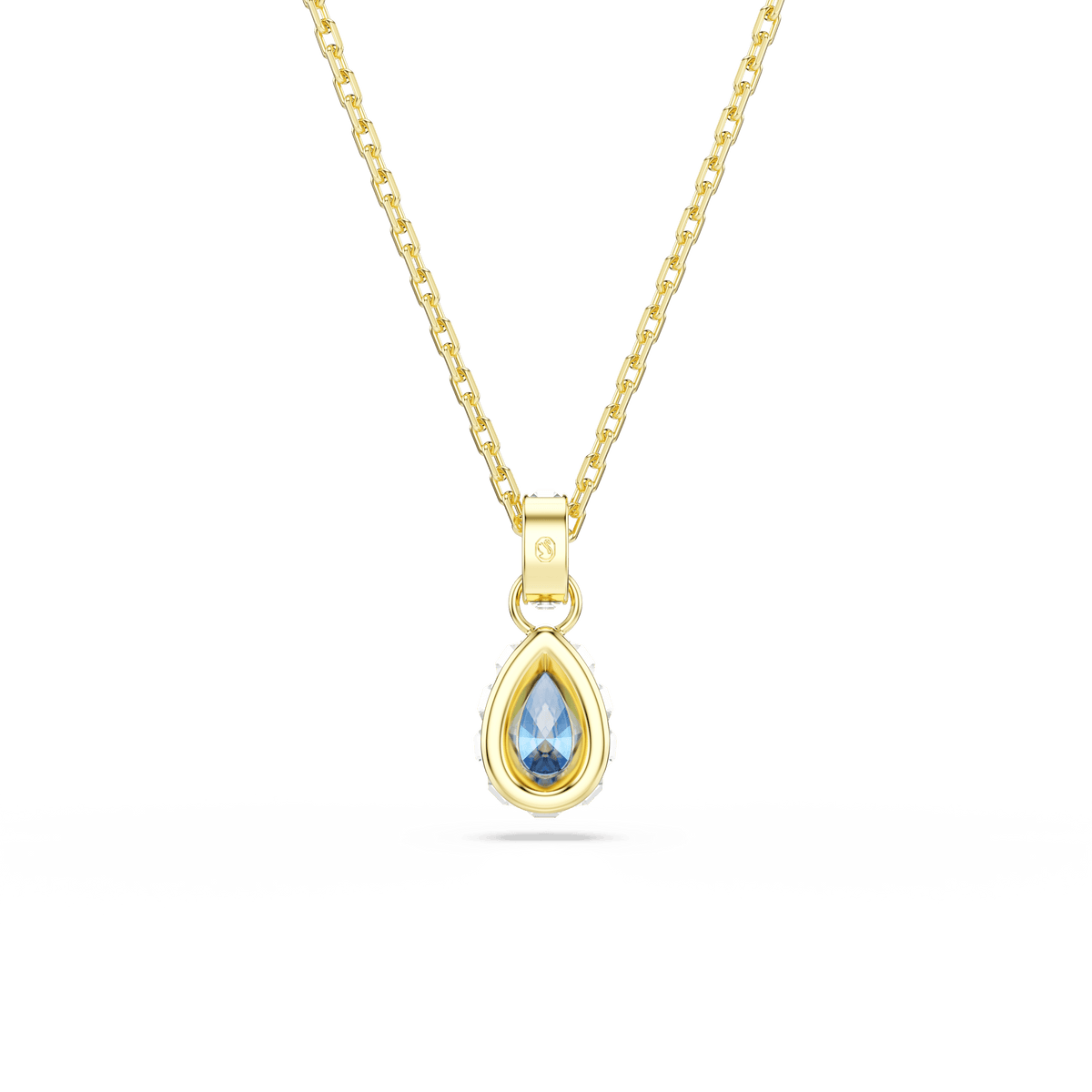 Showcase your elegance with the Swarovski Chroma pendant, featuring a pear-cut blue stone set in an 18K gold-finished frame with layered accents. This striking necklace, displayed against a plain white background, pairs beautifully with matching earrings for a chic and coordinated look.