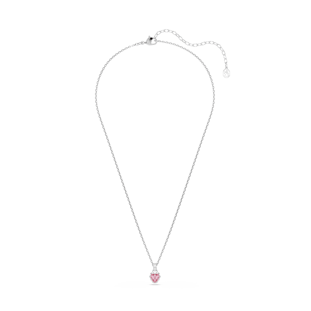 A rhodium-plated Swarovski Chroma pendant necklace, featuring mixed-cut pink Swarovski Zirconia in a heart-shaped design, is showcased on a plain white background.