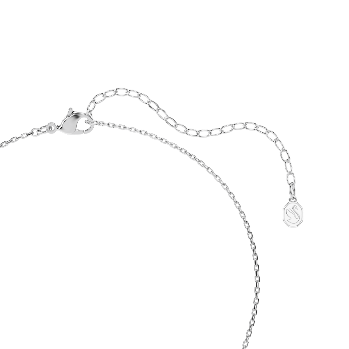 The Swarovski Chroma pendant features a rhodium-plated delicate silver chain with a lobster clasp and adjustable extender, finished with a small octagonal charm engraved with an “S” and adorned with a pink mixed-cut Swarovski Zirconia for an elegant touch.