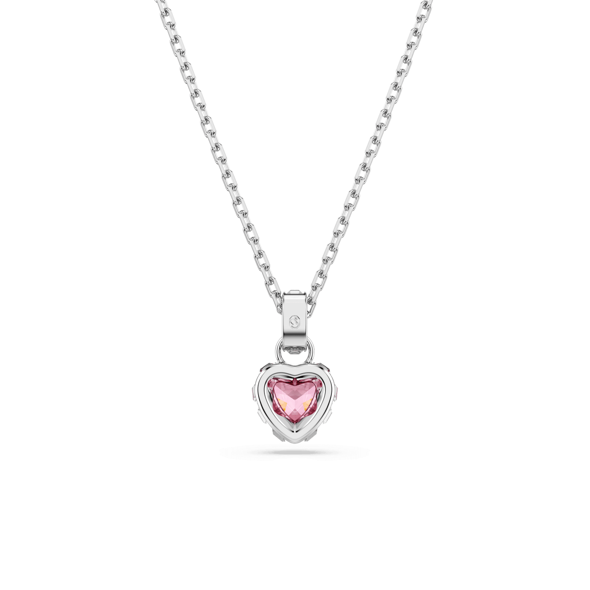 A Swarovski Chroma pendant necklace, featuring mixed-cut pink stones in a heart-shaped design with Swarovski craftsmanship, set in rhodium-plated silver and displayed against a white background.