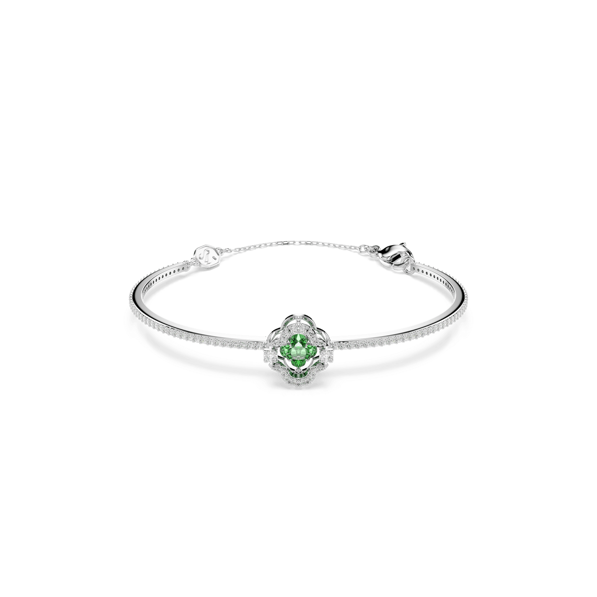 The Swarovski Una Angelic bangle, featuring mixed cuts of green Swarovski Zirconia in a rhodium-plated floral setting, is displayed on a plain white background.
