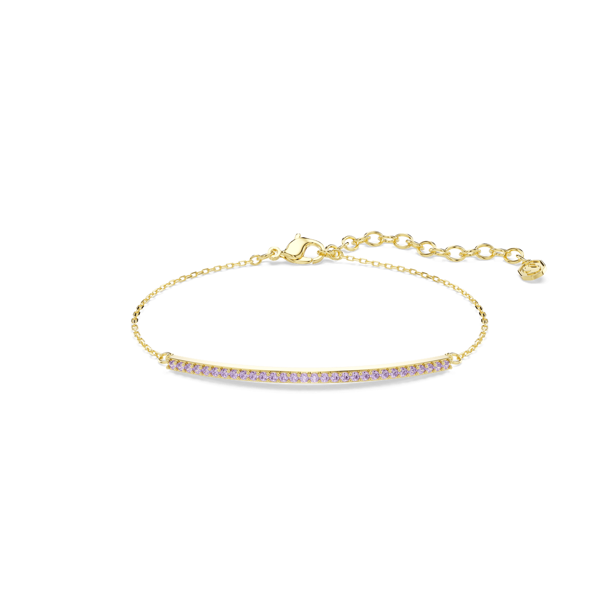 The Swarovski Only bracelet features a delicate 18K gold finish chain adorned with a curved bar set with round cut purple crystals, showcasing the refined elegance of Swarovski crystallized jewelry and an adjustable clasp, displayed on a white background.