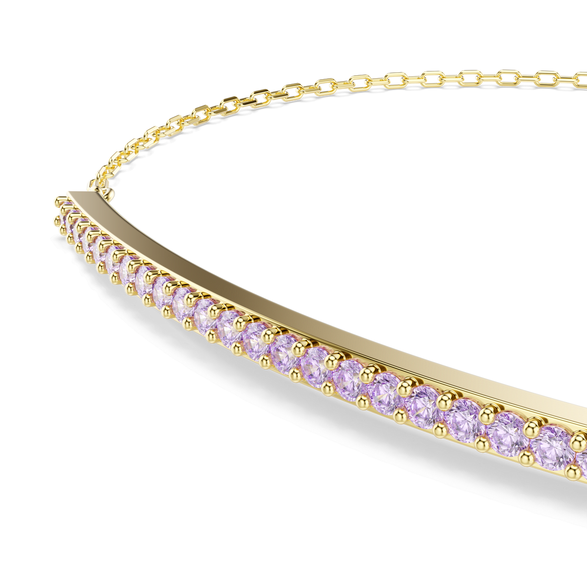 A Swarovski Only bracelet with an 18K gold finish, featuring a row of small, round-cut purple pavé gemstones that evoke the look of crystallized jewelry, displayed against a white background.