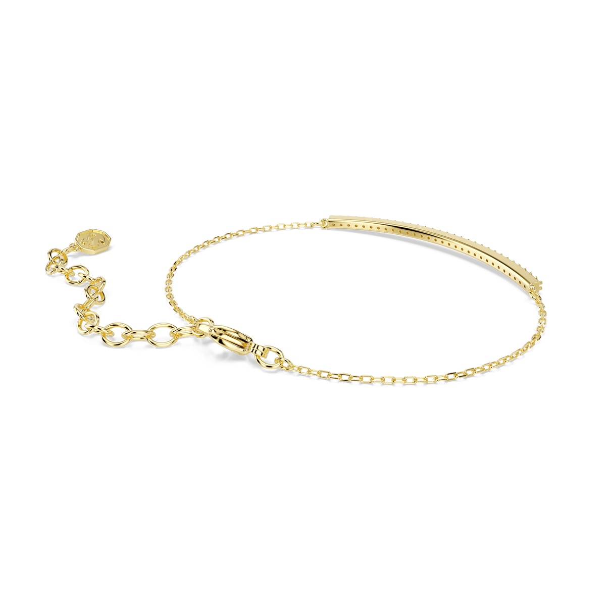 The Swarovski Only bracelet features a delicate 18K gold finish chain adorned with a round-cut purple centerpiece and an adjustable design that ends with a small, elegant charm. Reminiscent of crystallized jewelry, this subtle yet striking piece from Swarovski stands out beautifully against the plain white background.