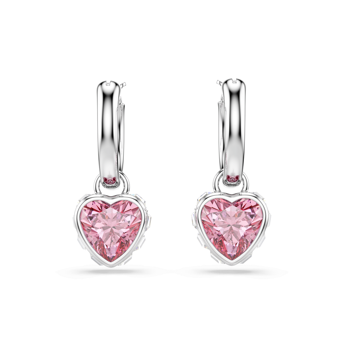 Swarovski Chroma drop earrings featuring pink heart-shaped Swarovski crystals set in a rhodium-plated frame, displayed on a plain white background.