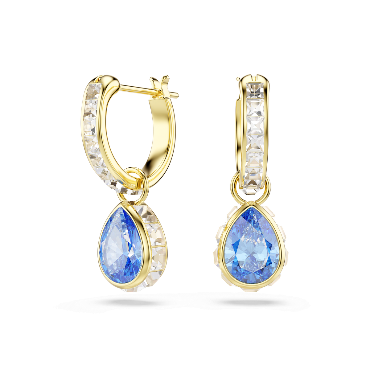 Swarovski Chroma drop earrings, featuring pear-cut blue crystals and a sparkling pavé of clear stones with an 18K gold finish, displayed on a white background.