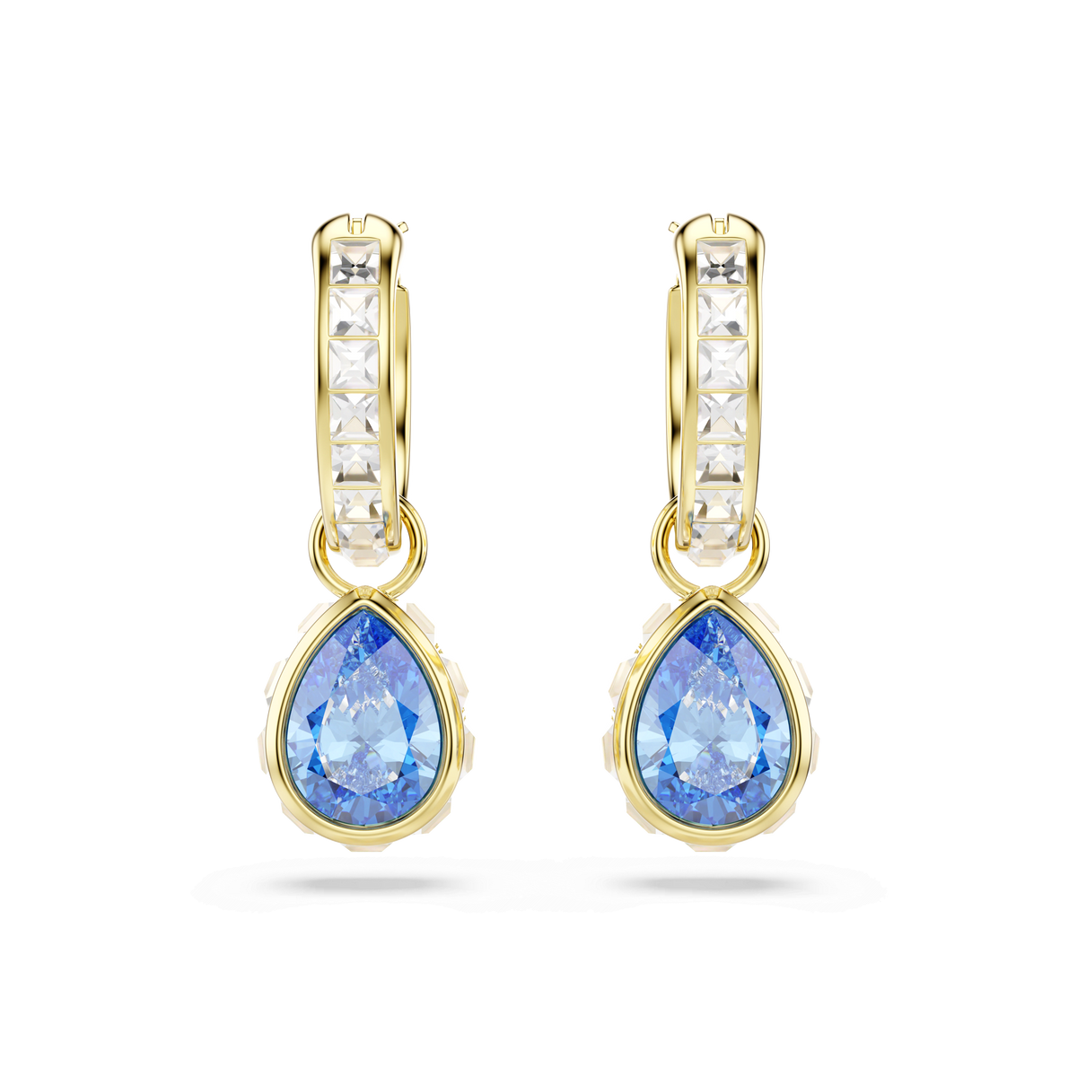 The Swarovski Chroma drop earrings feature pear-cut blue Swarovski Zirconia suspended from mini pavé hoops with square white stones, all finished in 18K gold, shown against a plain white background.