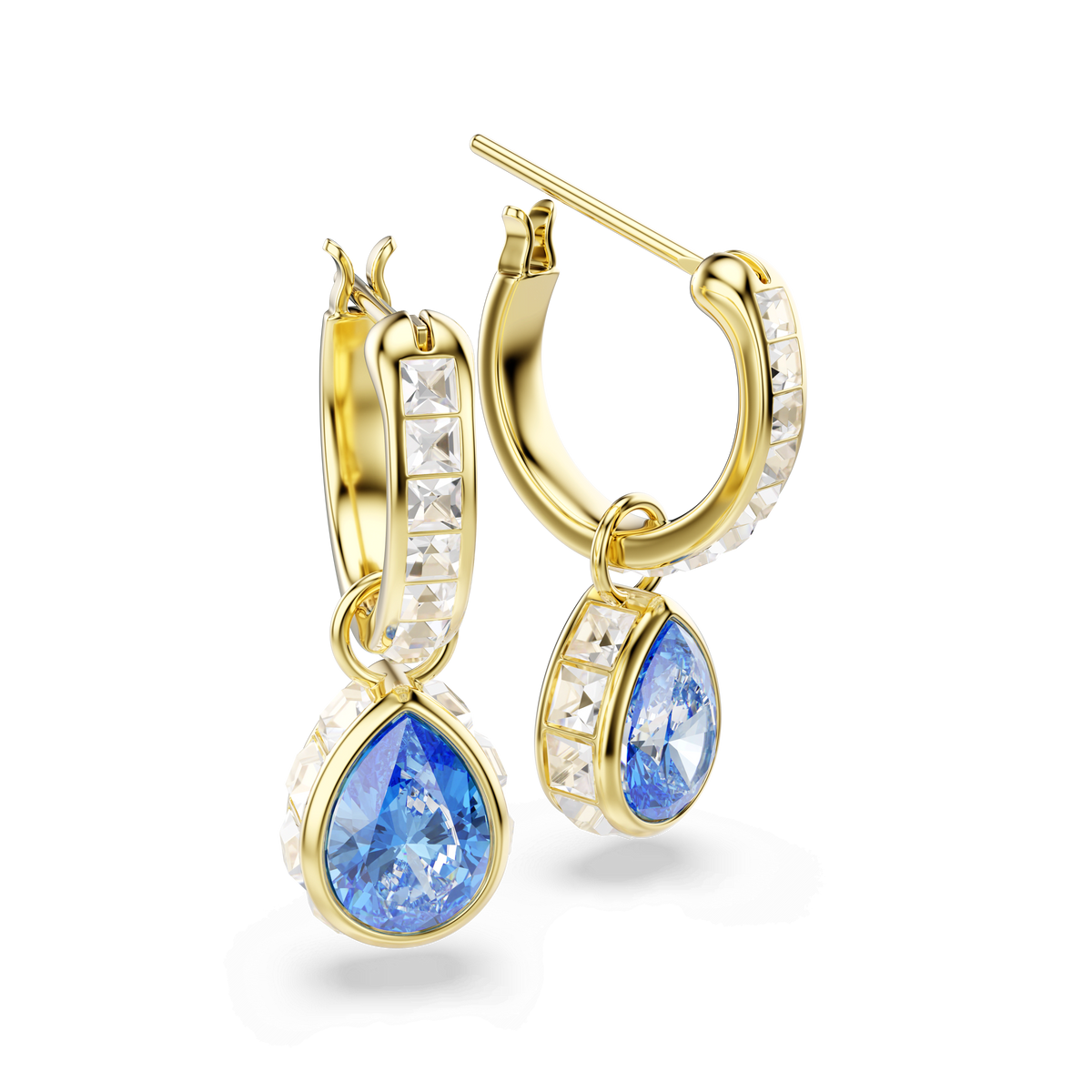 Swarovski Chroma drop earrings by Swarovski, featuring pear-cut blue crystals and clear square-cut stones set in an 18K gold finish, displayed on a white background.