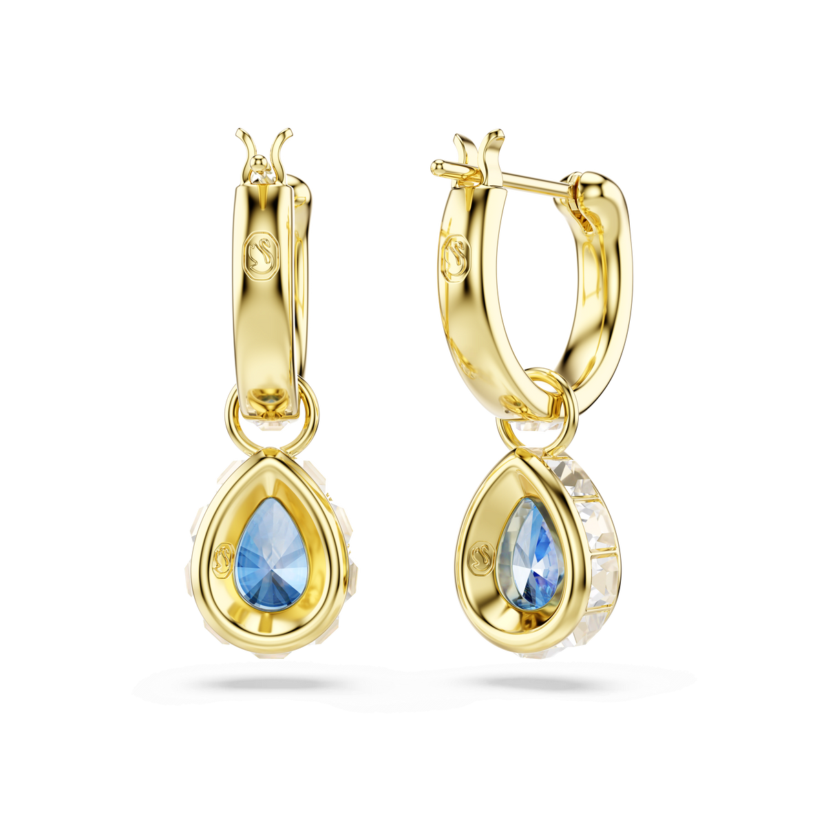 A pair of Swarovski Chroma drop earrings featuring pear-cut blue Swarovski Zirconia and small clear accents in an 18K gold finish, displayed on a white background.