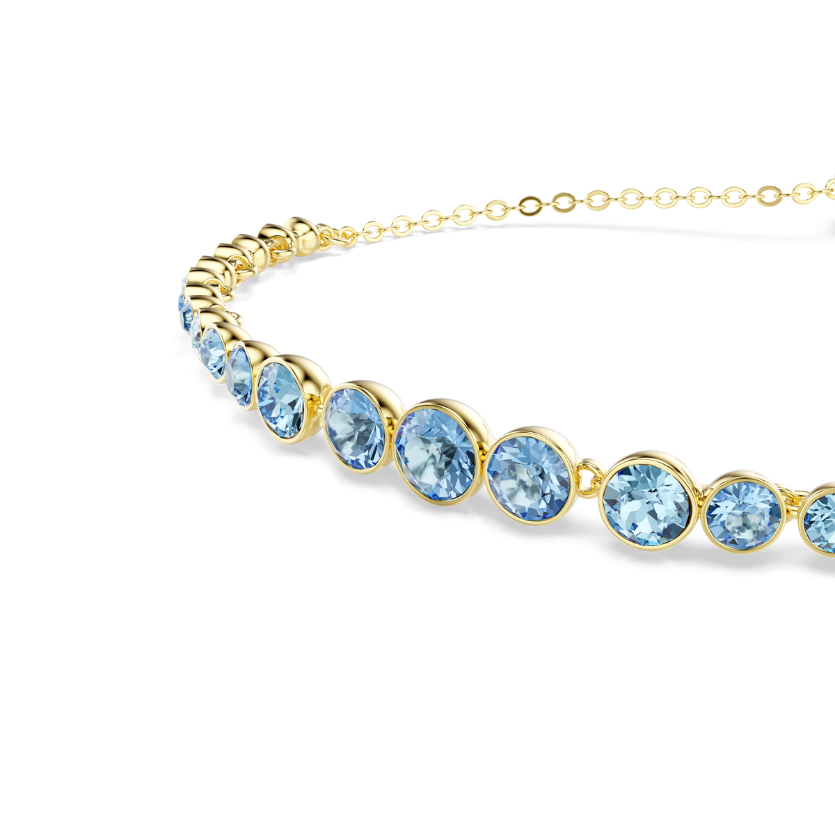 A close-up of the Swarovski Imber bracelet, featuring round blue stones in a bezel setting with an 18K gold finish, displayed on a white background. This piece showcases Swarovski’s signature delicate style, perfect for adding a touch of elegance to any look.