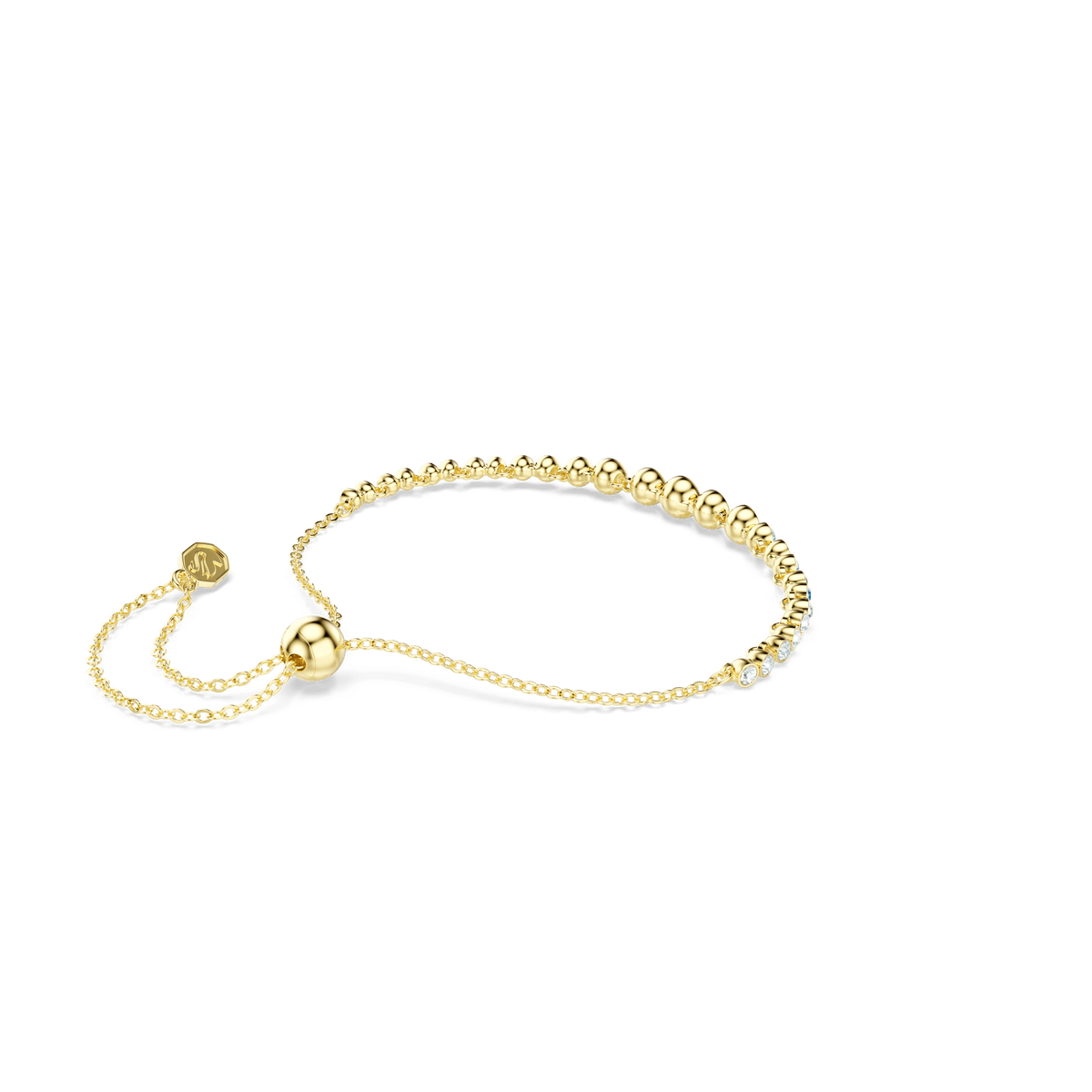 Crafted by Swarovski, the Imber bracelet features round-cut blue crystals set in an elegant 18K gold finish, with an adjustable sliding clasp for a perfect fit. Displayed against a plain white background, this delicate piece embodies the refined artistry of Swarovski jewelry.