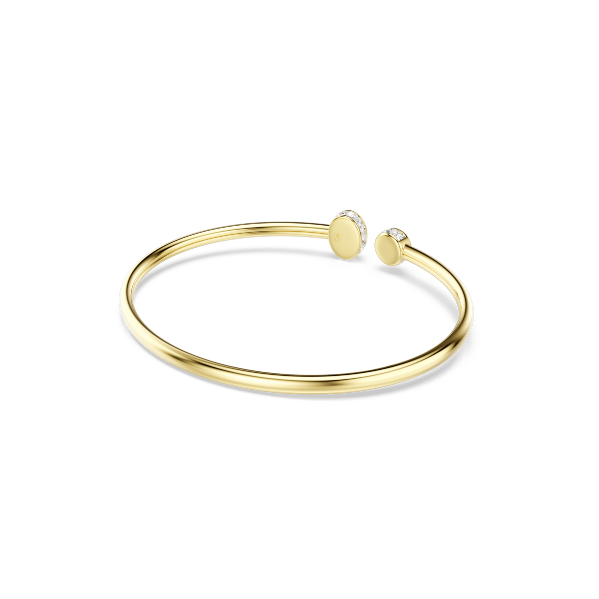 The Swarovski Chroma bangle features a sleek, open design with an 18K gold finish and mixed-cut, multicolored Swarovski gems embellishing its two rounded ends. Shown against a simple, light backdrop, this elegant bracelet is crafted by Swarovski.
