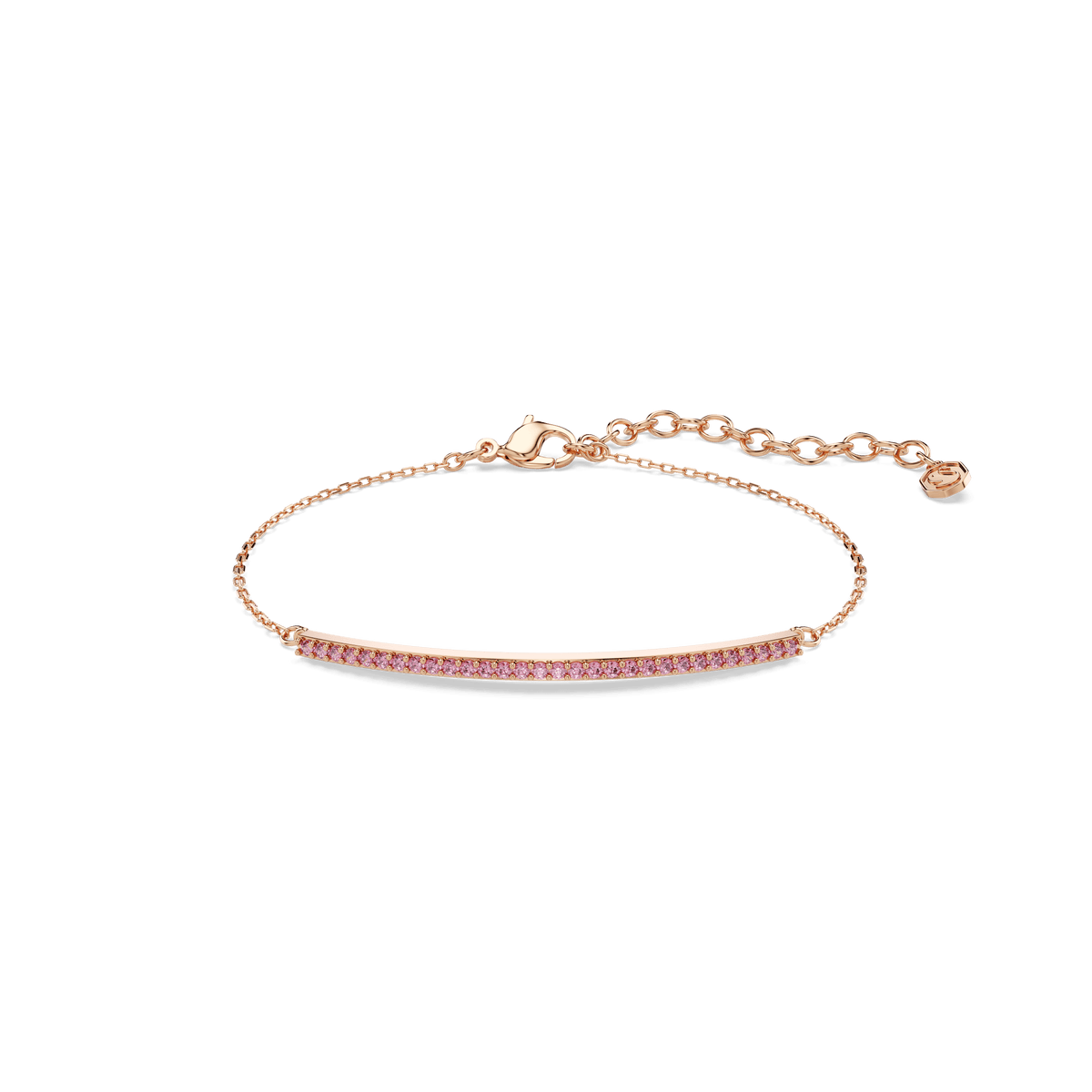Crafted with an 18K rose gold finish, the Swarovski Only bracelet features a delicate chain and a curved bar embellished with round-cut pink stones, complete with an adjustable clasp for the perfect fit.