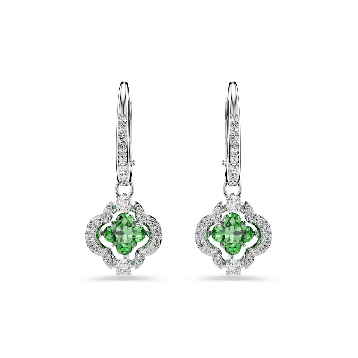 Swarovski Una Angelic drop earrings featuring mixed cut green stones at the center, accented with pavé curves of clear crystals, all set in rhodium plating for a luminous white-tone finish.
