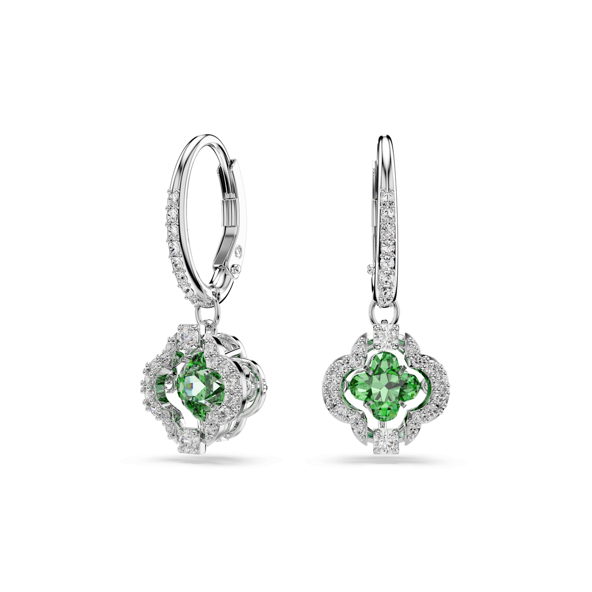 Discover the elegance of Swarovski Una Angelic drop earrings—rhodium plated and adorned with vivid green mixed-cut stones at their center, framed by clear stones in a charming clover-like floral design. Each earring’s pavé-adorned curves along the hoop add an extra touch of brilliance, showcasing the signature sparkle synonymous with the Swarovski brand.