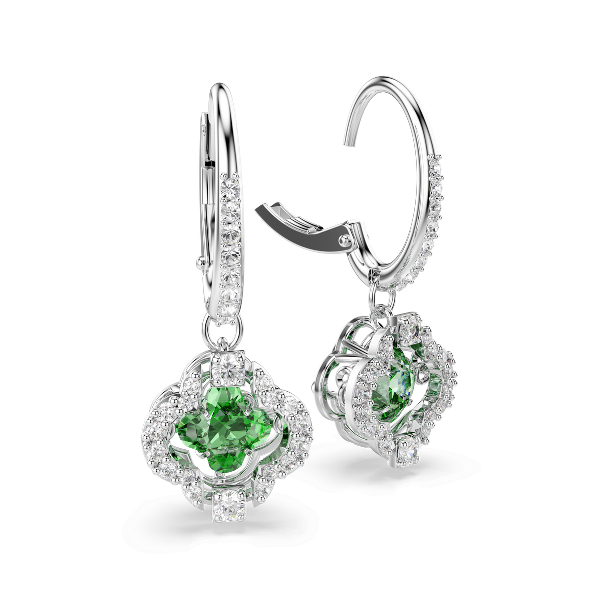 A pair of Swarovski Una Angelic drop earrings, featuring mixed cuts of green stones at the center, surrounded by sparkling clear crystals and pavé curves, with a rhodium plated finish and lever-back closure for elegant detailing.