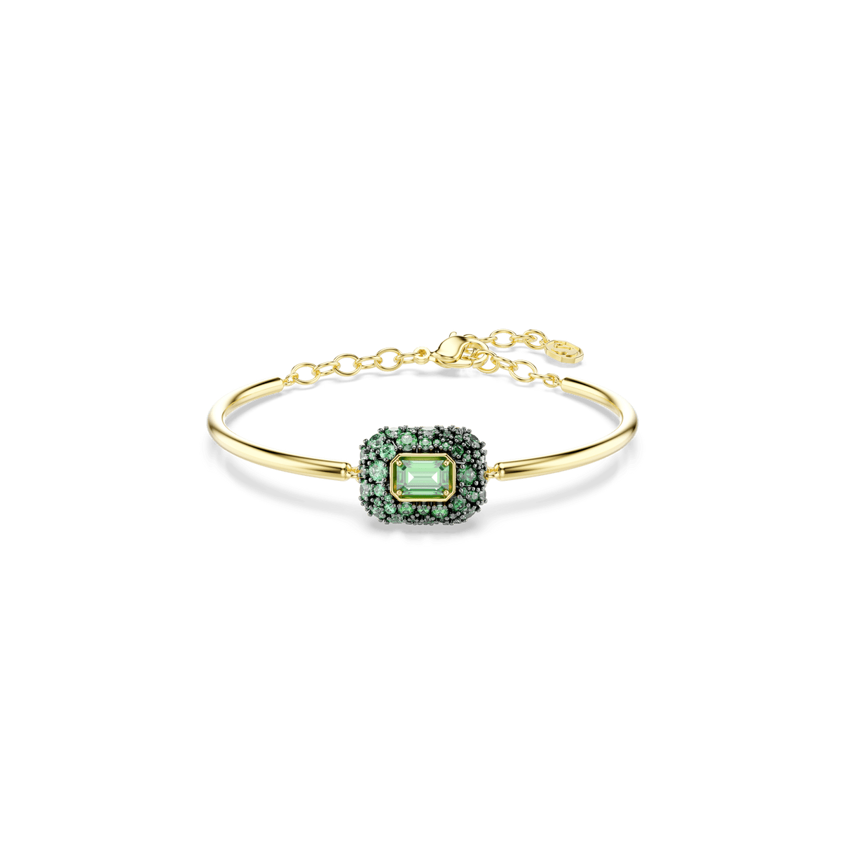 The Swarovski Sublima bangle features a striking octagon-cut green Swarovski Zirconia centerpiece, surrounded by smaller green stones, set in an elegant 18K gold finish. With an adjustable chain and clasp, this statement piece from the Sublima jewelry collection adds a touch of sophistication on a white background.