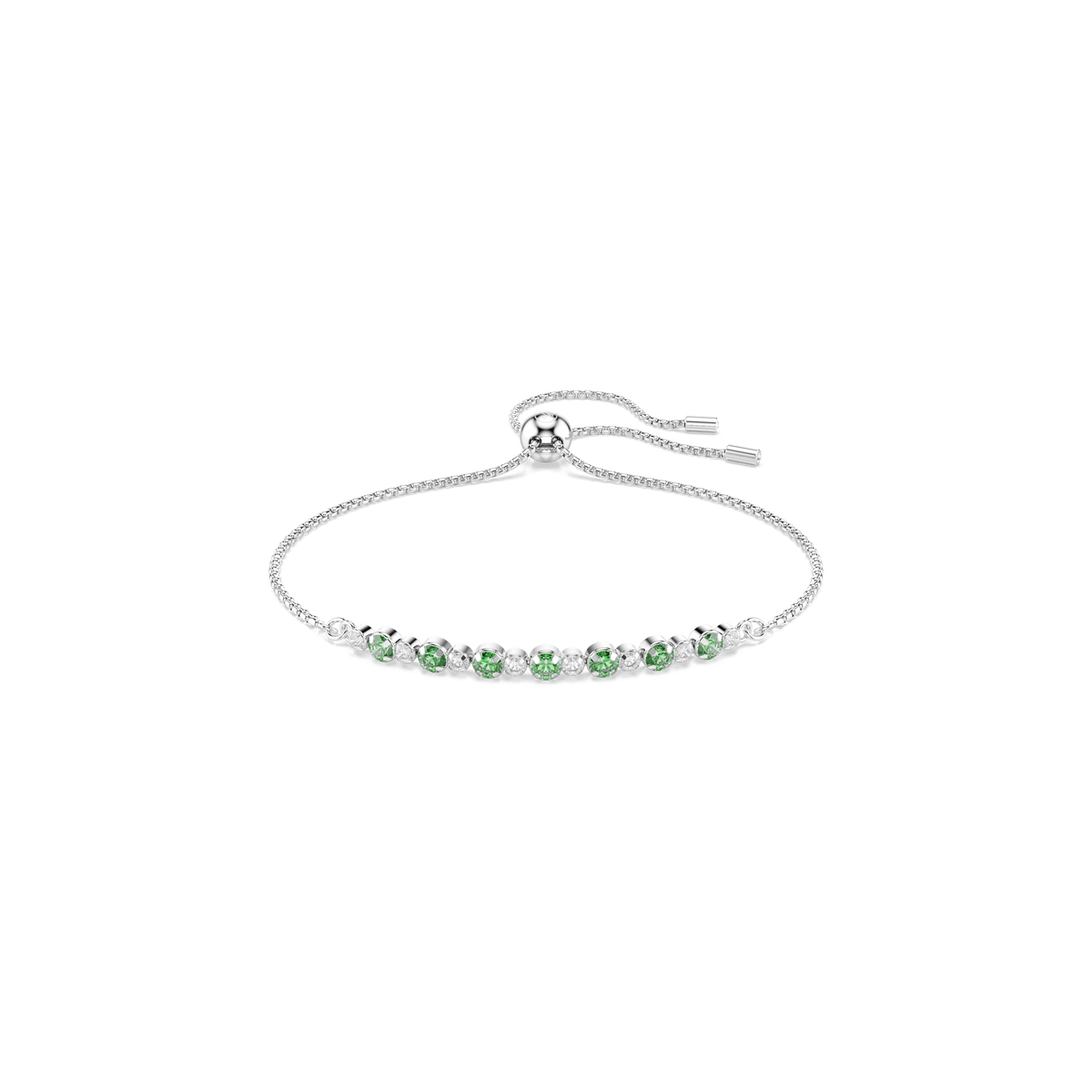 Introducing the Swarovski Matrix bracelet by Swarovski, featuring a row of sparkling green round-cut crystals set at the center of a delicate rhodium plated chain. This elegant accessory showcases a sophisticated modern design with an adjustable slider clasp, making it a versatile piece perfect for any occasion.