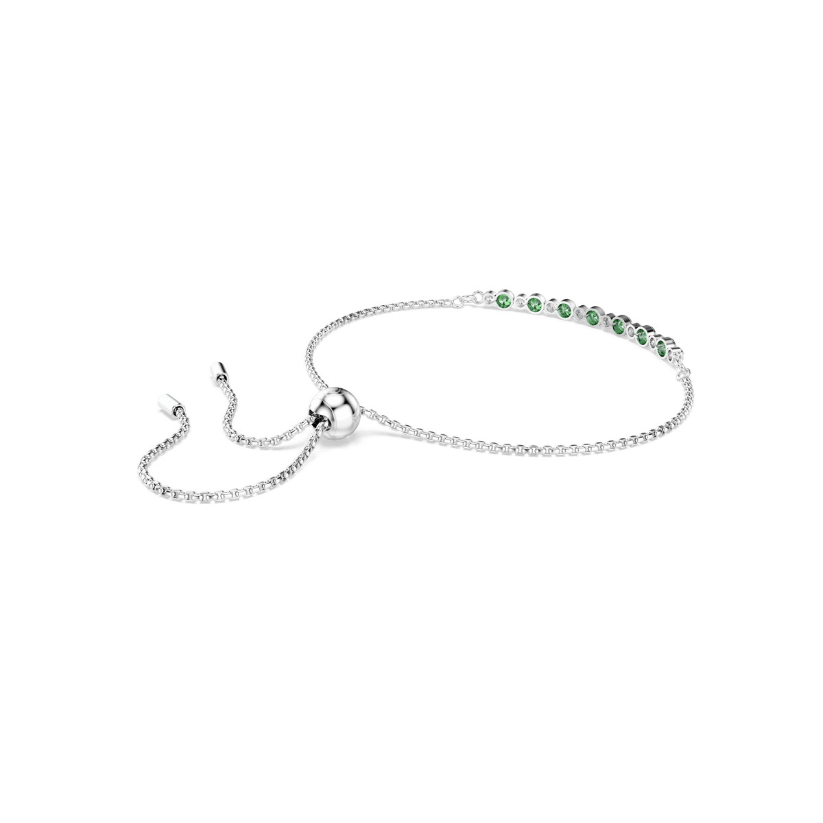 Introducing the Swarovski Matrix bracelet by Swarovski—a refined rhodium-plated piece showcasing a delicate silver-tone chain with an adjustable clasp. This elegant bracelet features a horizontal row of round-cut green crystals, subtly inspired by the helix DNA design for a contemporary and sophisticated touch.