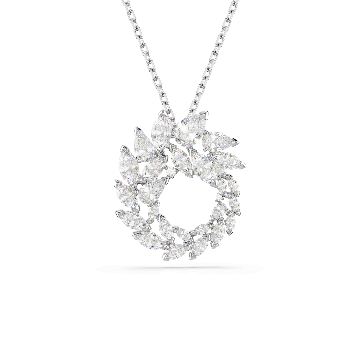 A signature piece from the Swarovski Mesmera collection, this rhodium-plated pendant features marquise-cut white Swarovski Zirconia gemstones arranged in a stunning circular wreath design.