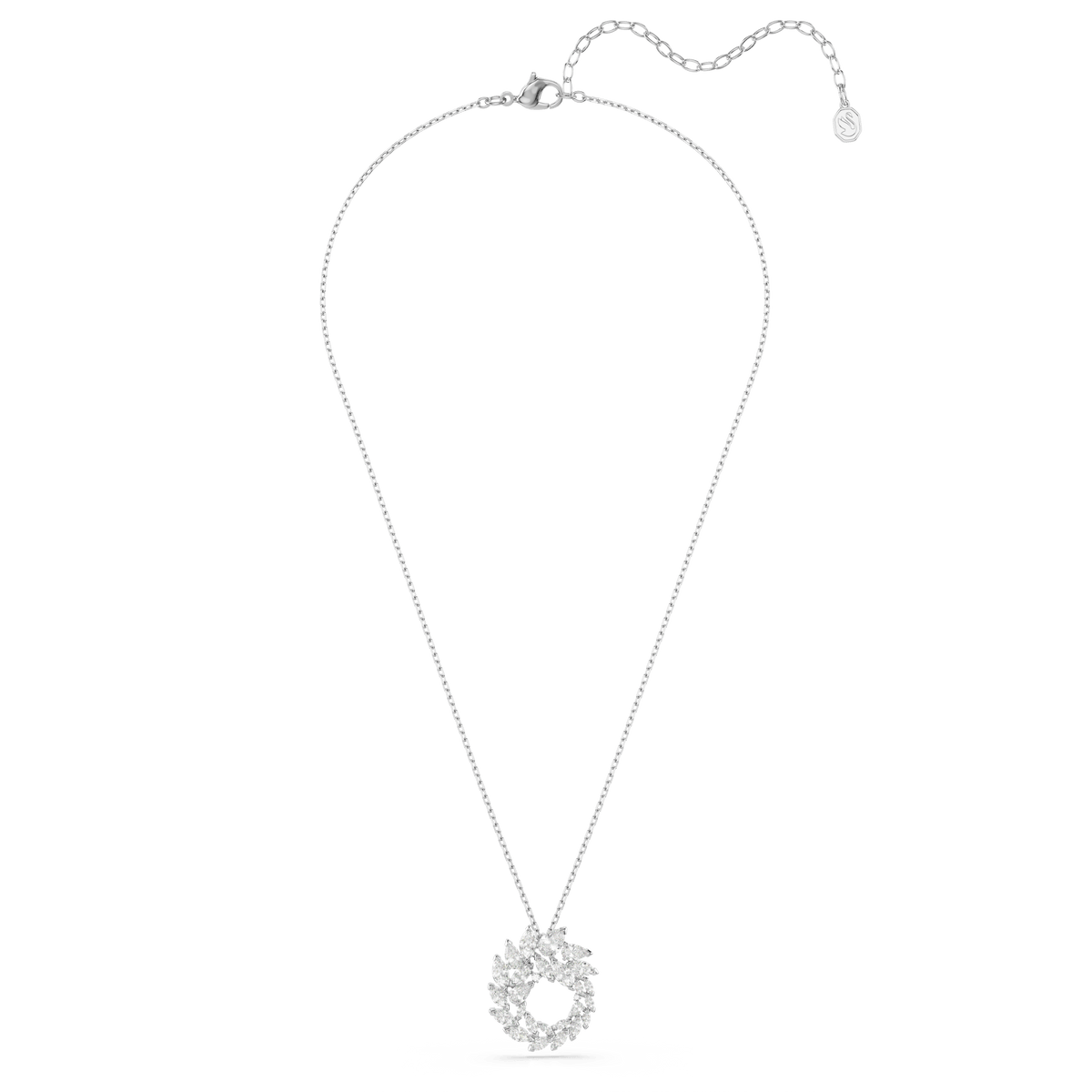 A rhodium-plated Swarovski Mesmera pendant featuring marquise-cut white Swarovski Zirconia gemstones, showcased on a plain white background—an elegant piece from the Swarovski jewelry collection.