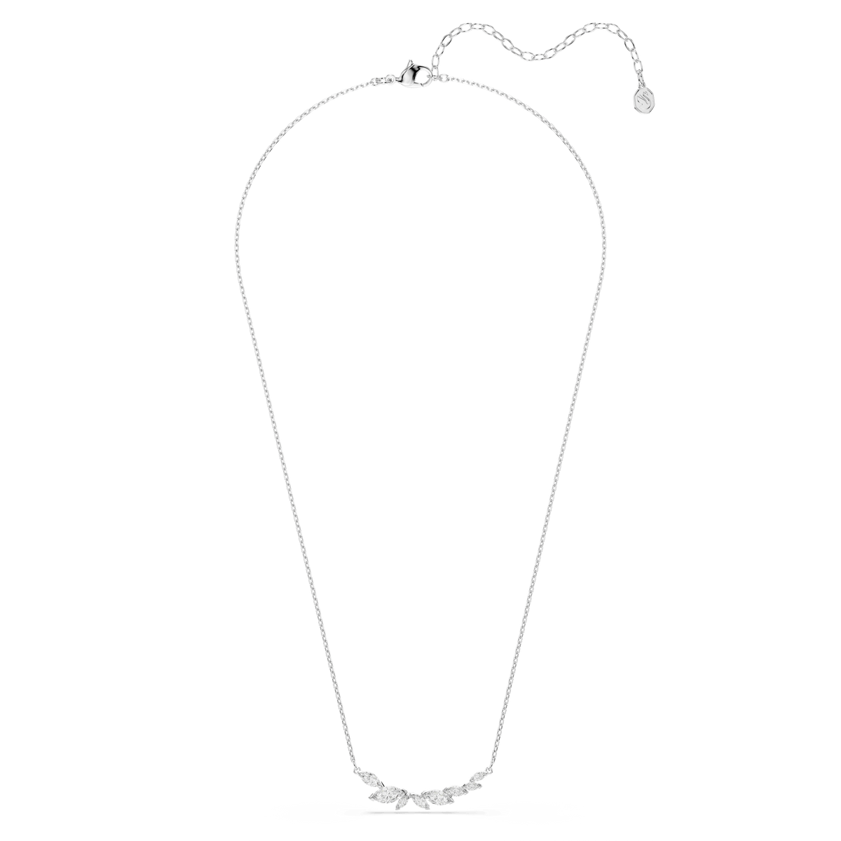 The Swarovski Mesmera necklace is an elegant piece featuring a fine rhodium-plated chain and a stunning pendant adorned with marquise-cut Swarovski Zirconia, beautifully displayed on a plain white background.