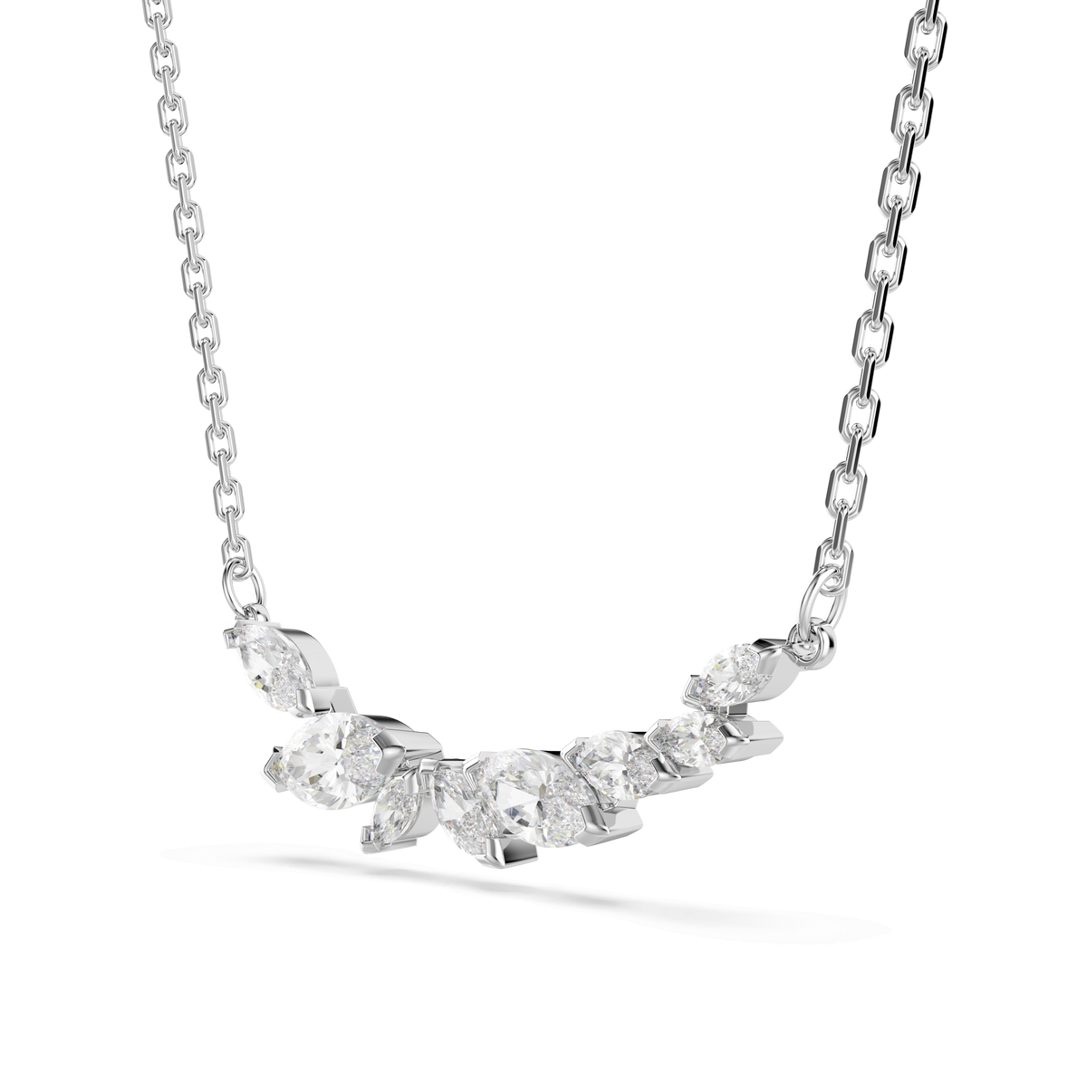 Introducing the Swarovski Mesmera necklace: an elegant rhodium-plated piece showcasing a graceful row of marquise-cut white Swarovski Zirconia set closely together—a striking design by Swarovski for those who appreciate stunning, eye-catching jewelry.