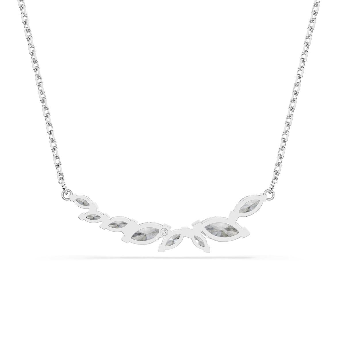 The Swarovski Mesmera necklace by Swarovski showcases an elegant rhodium-plated chain adorned with a central design of five marquise-cut white stones arranged in a graceful, leaf-like pattern. Sparkling Swarovski Zirconia accents add brilliance to this refined piece of jewelry.
