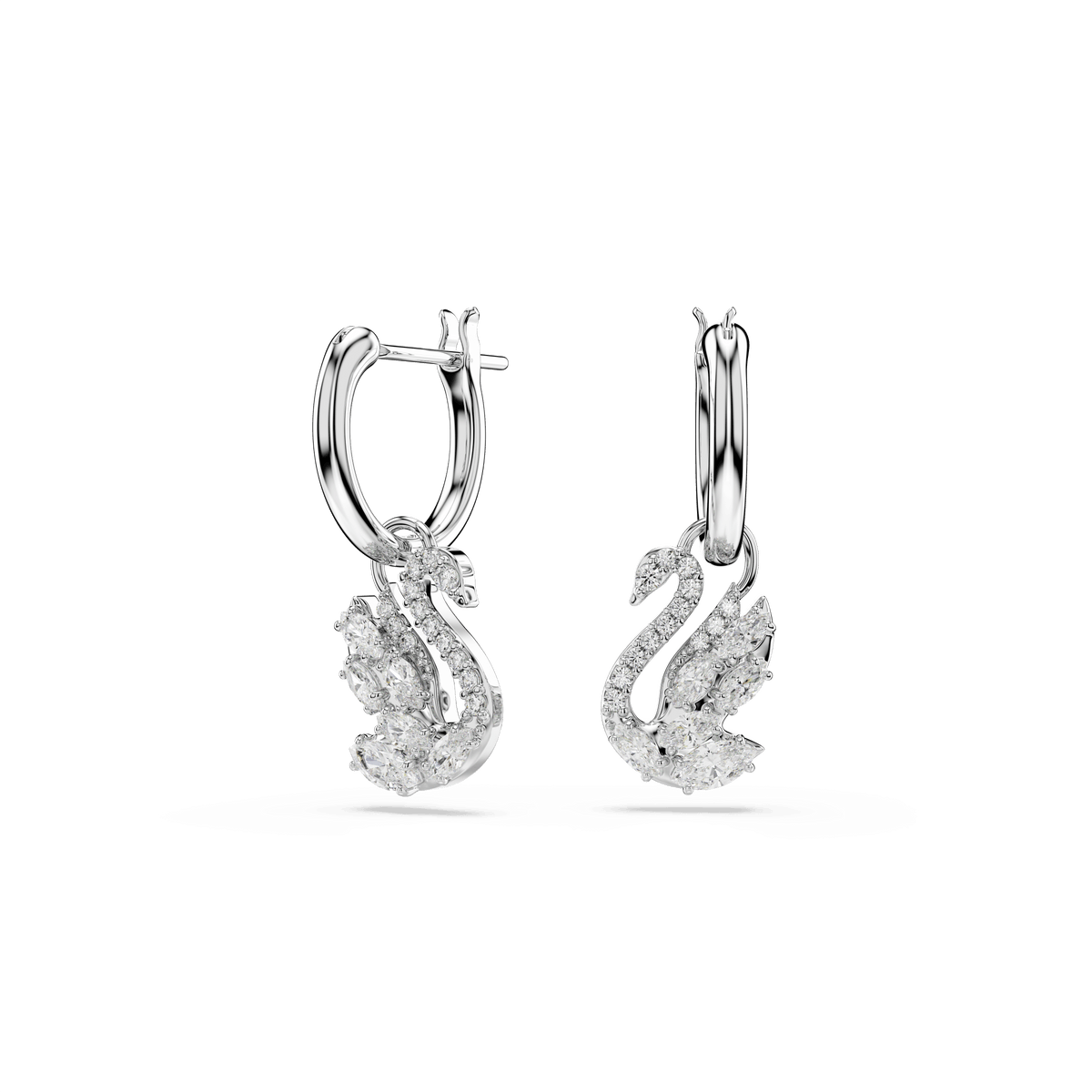 Swarovski Swan drop earrings in white, crafted with mixed cuts and rhodium plating, feature elegant hoop designs adorned with swan-shaped charms encrusted with sparkling clear stones, presented against a plain white background.