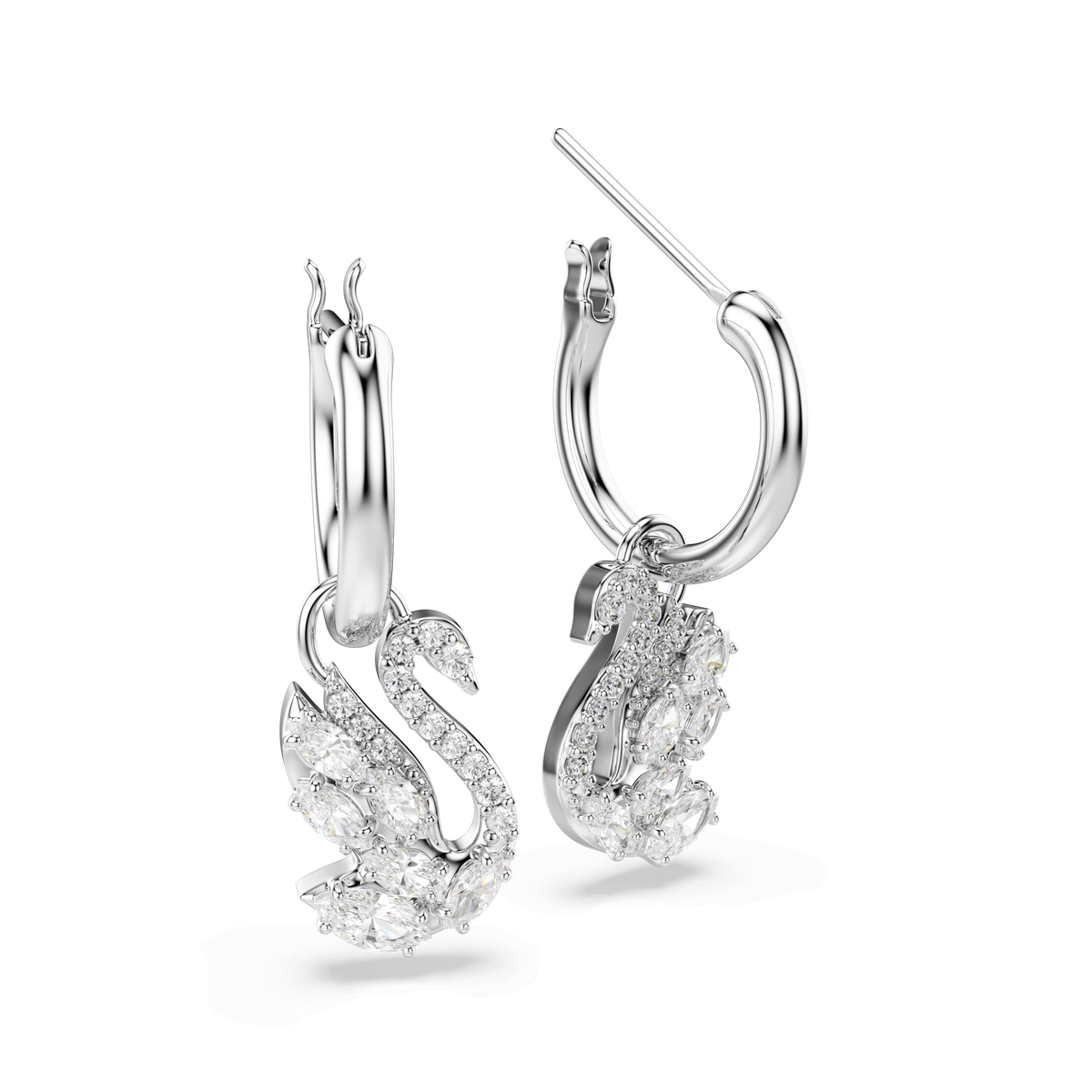 A pair of Swarovski Swan drop earrings, crafted with rhodium plating and mixed-cut white crystals in elegant swan-shaped pendants, displayed against a plain white background.